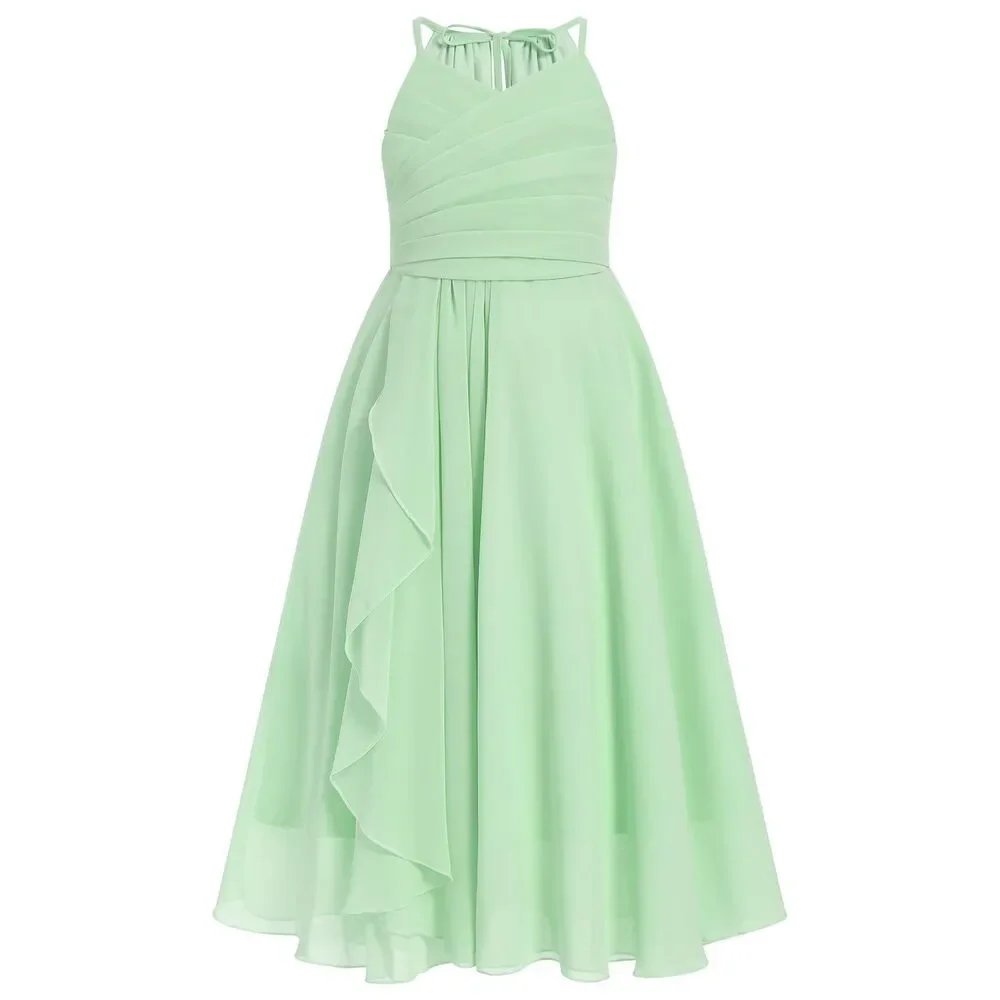 Flower Girls Halter Pleated Chiffon Flowy A-line Birthday Formal Long Dress 14YO